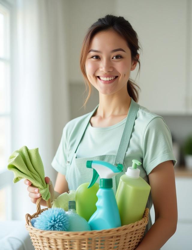 Professional cleaner holding eco-friendly cleaning basket, smiling confidently