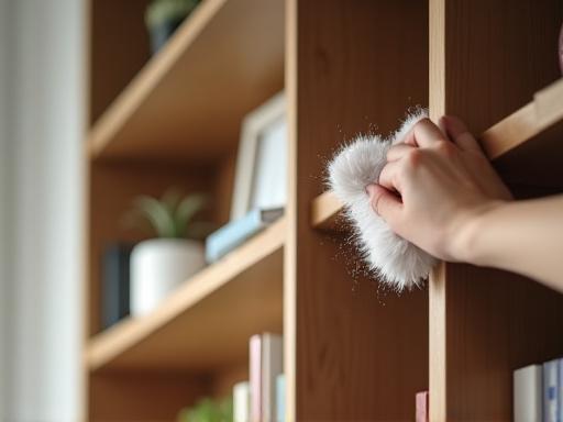 Person dusting shelves in a meticulously organized living room
